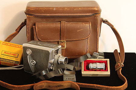 Antik, kameran, filmen, läderväska, linser, Keystone, Olympic