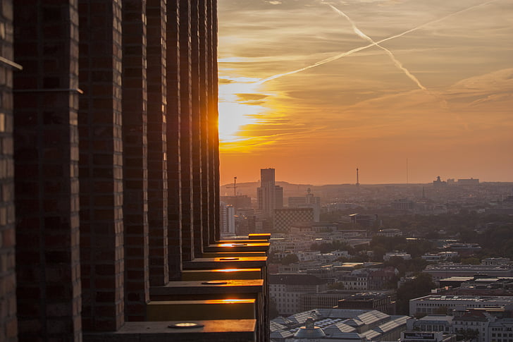 Berlin, Potsdam hely, naplemente, épület, alkonyat, fény, légköri