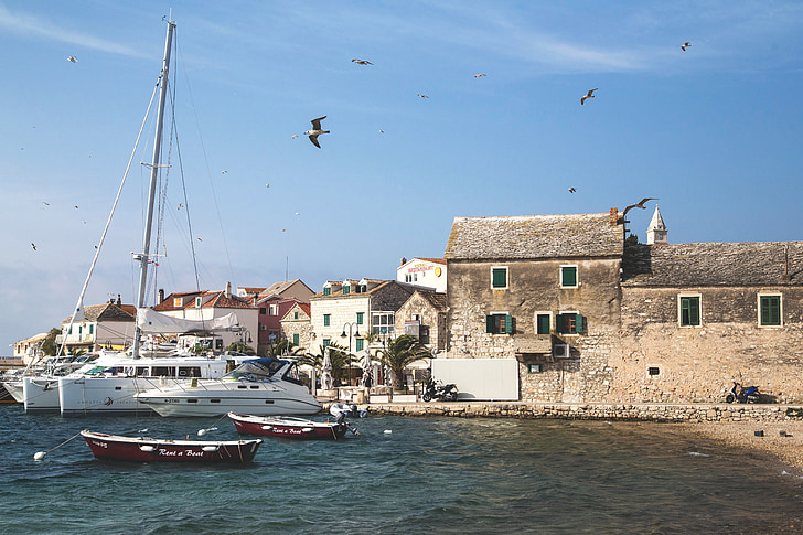 croatia, sea, primosten, boats, shore, town, seaside