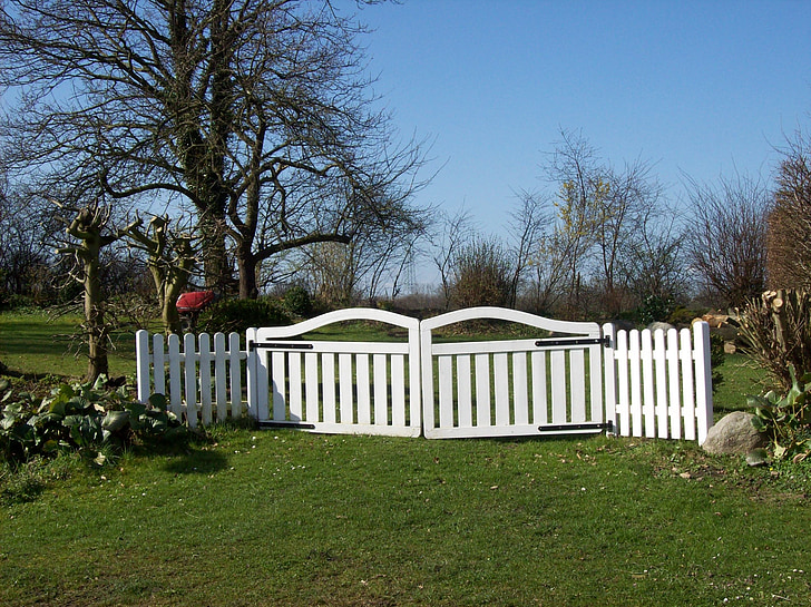 cổng vườn, hàng rào, paling, đất đai, trên đất liền, trắng, allotment