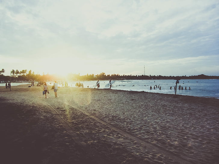gruppo, persone, spiaggia, oceano, sole, tramonto, Spiaggia di sabbia