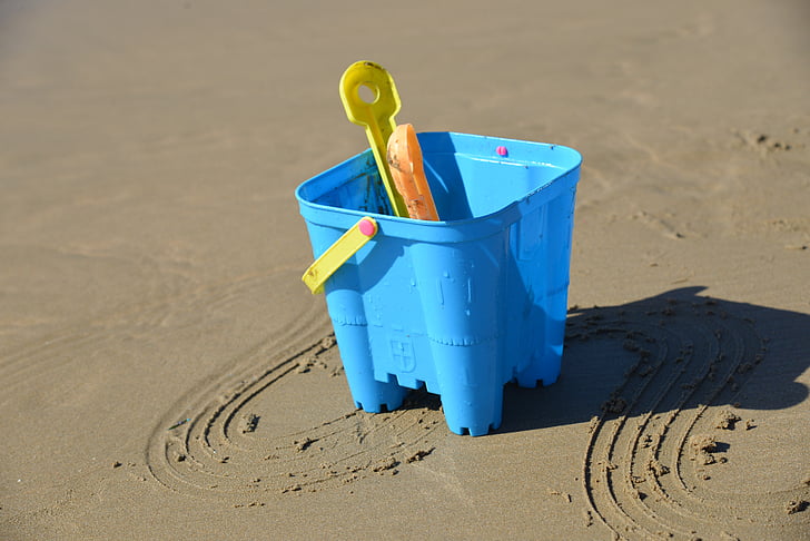 beach, bucket, spade, sand, summer, sea, vacation