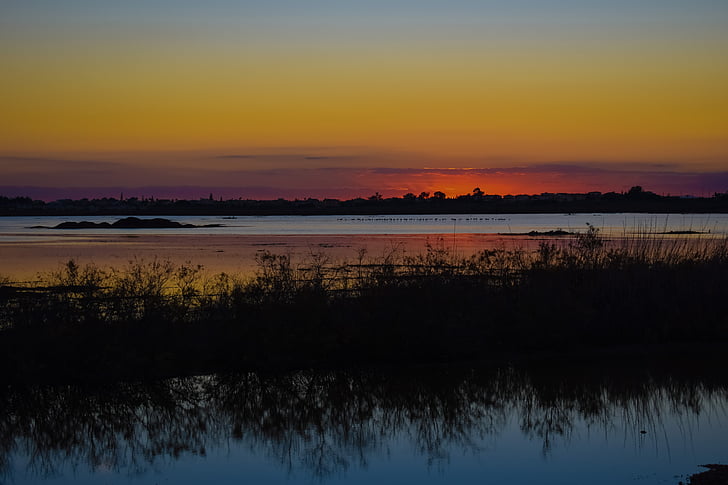 seizoensgebonden lake, Wetland, zonsondergang, trekvogels, Twilight, kleuren van de zonsondergang, Cyprus