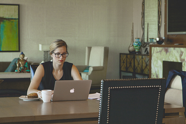 laptop, woman, coffee, breakfast, working woman, desk, modern