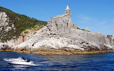 boat, castle, cliff, sea, church, costa, rock