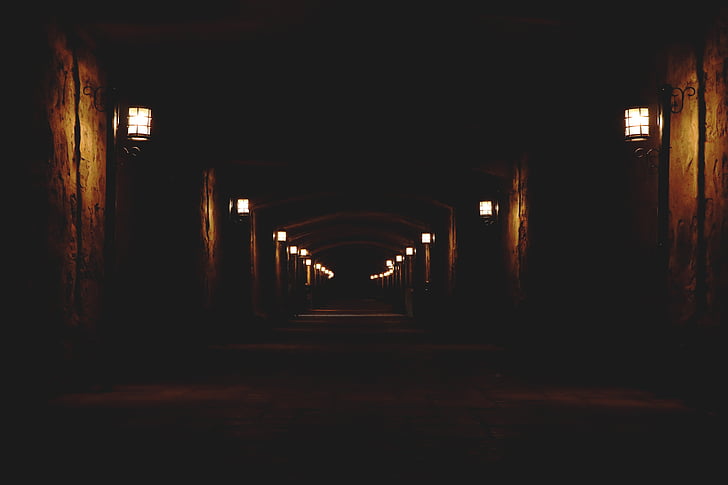 lorong, lampu, dinding, terowongan, cahaya, gelap, ketiadaan