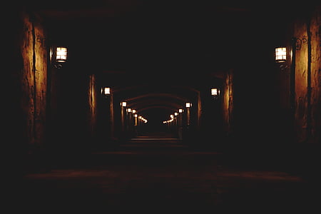 hallway, lamps, wall, tunnel, light, dark, absence