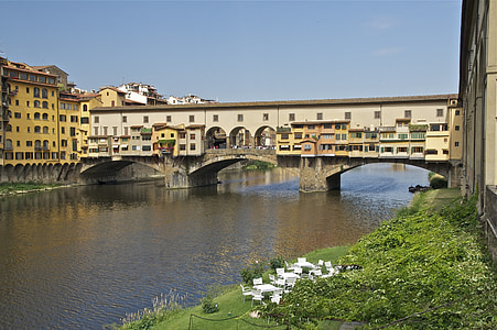 Florencie, Itálie, město, obloha, mraky, řeka, voda