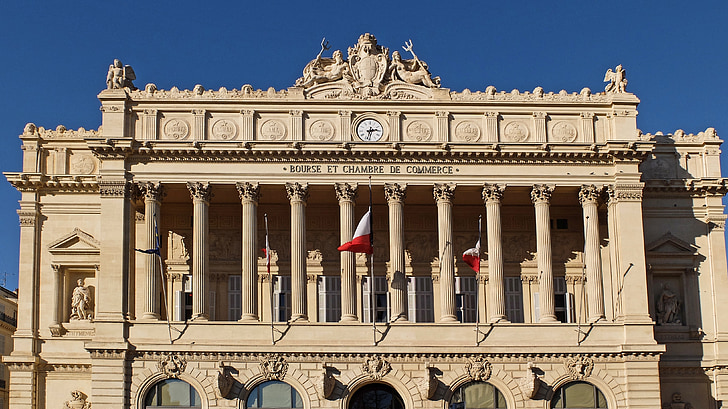 marseille, chamber of commerce, flag, columns, bourse, architecture, canebiere