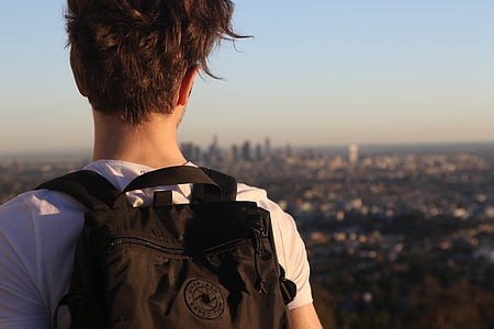 man, white, shirt, backpack, seeing, city, skyline