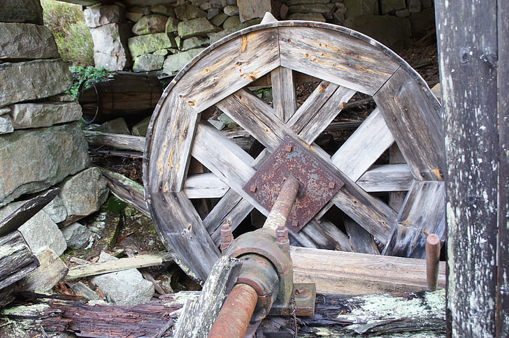 waterwheel, vecais, vēsturisko, koka, mehānisms, ūdens enerģija