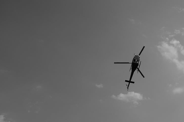 låg, vinkel, fotografering, vit, svart, helikopter, lugn