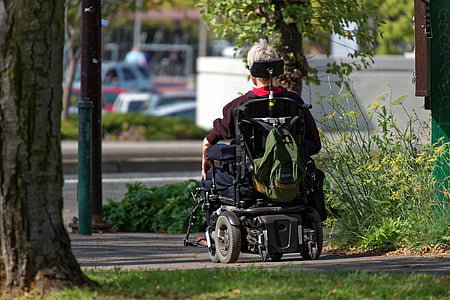 motorized wheelchair, wheelchair, elderly, man, motorized, backpack, sunny day