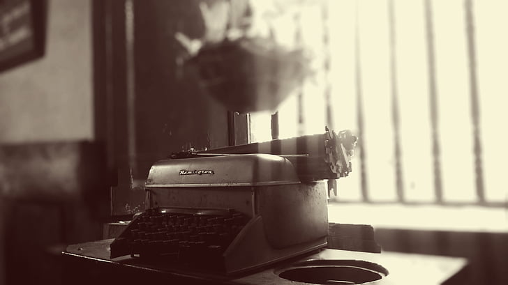 grayscale, photo, typewriter, top, table, windows, window