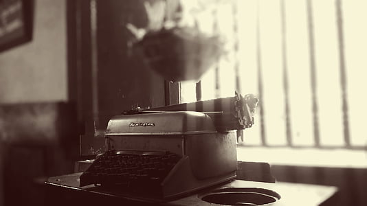 escala de grisos, fotos, màquina d'escriure, part superior, taula, Windows, finestra