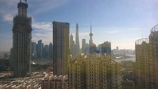 Shanghai, Kina, morgen, byen, skyskraper, høy, bygninger