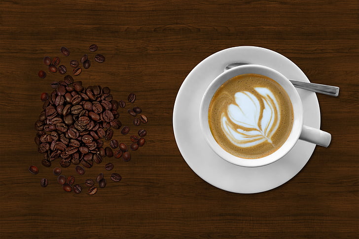 kafijas, tase ar apakštasi, melna kafija, vaļēju kafijas pupiņas, vaļēju pupas, kafijas pupiņas, pupas