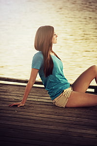 beautiful, female, girl, jetty, lake, outdoors, relaxing