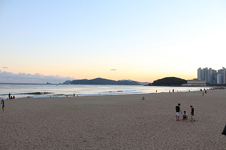 Plaża, w godzinach wieczornych, zachód słońca, Busan