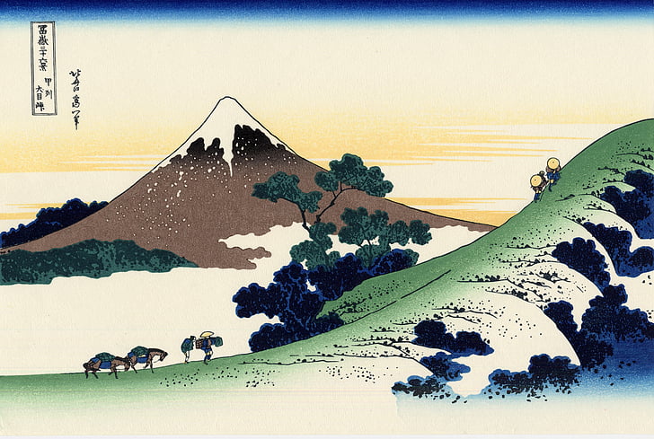 mount fuji, volcano, japan, sky, sunset, painting