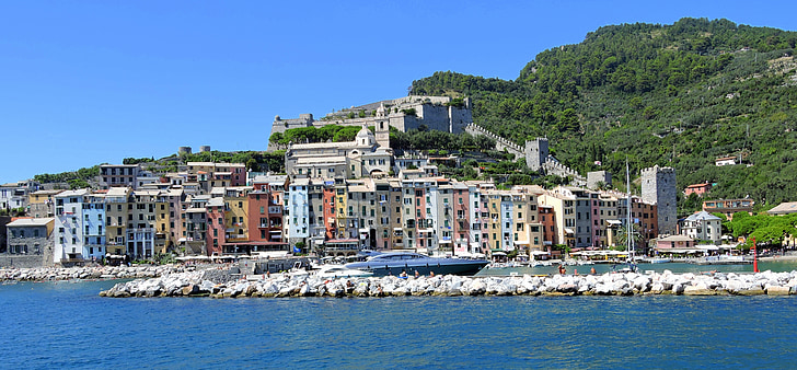 casas, colores, mar, Porto venere, Liguria, Italia, agua