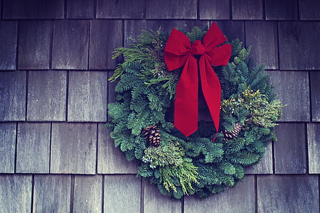 green, wreath, christmas, tile, festive, red, wood - material