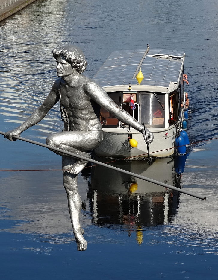 bydgoszcz, canal, river, boat, sculpture, statue, poland