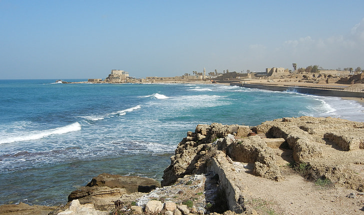 Caesarea, Izrael, Port, Roman, Ocean, more, Beach