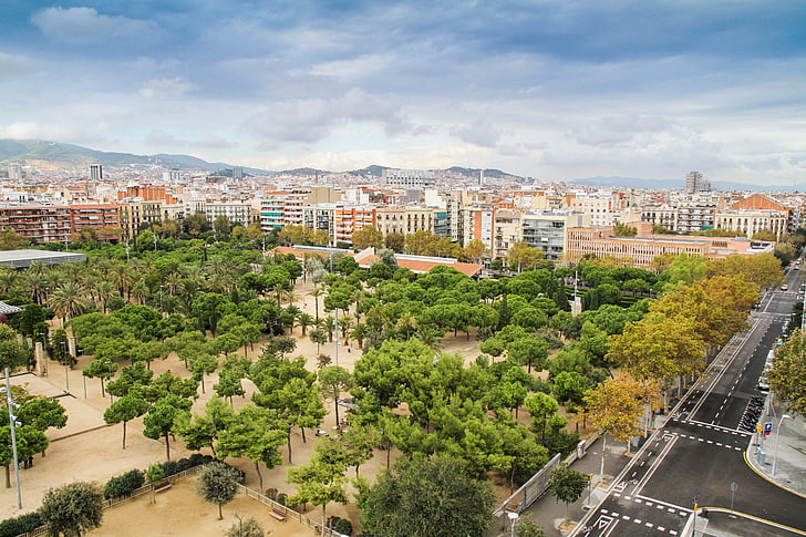 panorama, street, park, empty, barcelona, spain, cityscape