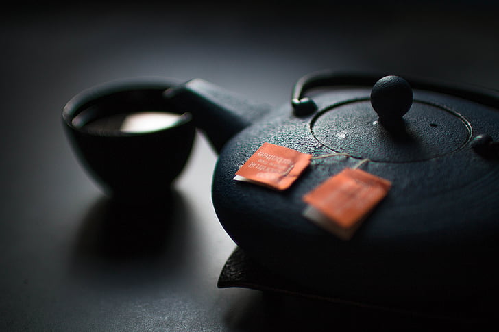 Черно, чайник, чаена чаша, керамични, чай, саксии, чаши
