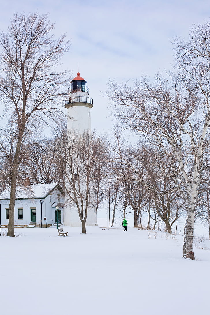lighthouse, white, winter, snowy, snow, house