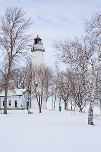 Lighthouse, vit, vinter, snöig, snö, hus