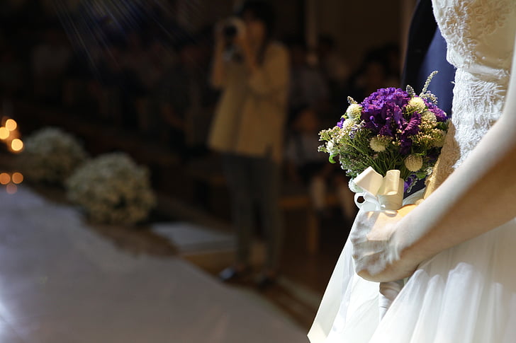 bouquet, priest, dress up, wedding dress, marriage
