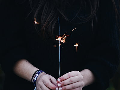 dark, firecracker, hands, spark, sparkler, burning, night