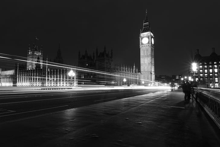 Big ben, en noir et blanc, bâtiments, lumière, Londres, longue exposition, nuit