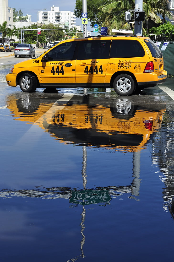 taxi, réflexion, Miami, rue, CAB, taxi jaune, voiture