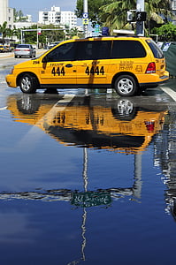 出租车, 反思, 迈阿密, 街道, 出租车, 黄色的出租车, 汽车