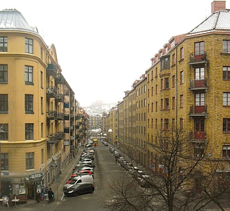 olivedal, Švédsko, město, budovy, ulice, provoz, vozidla