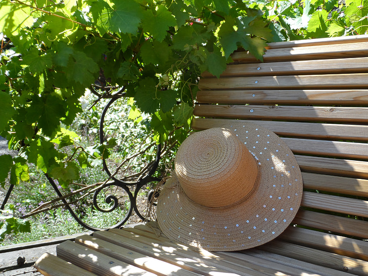 hat, bench, summer, vine