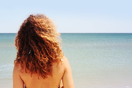 sommar, solen, stranden, havet, Holiday, Spanien, hår womancurly