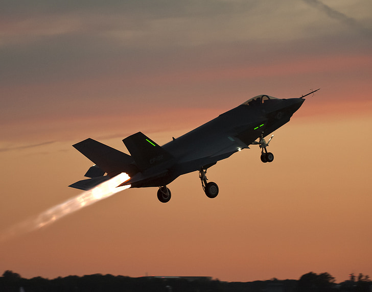 militaire straaljager, test, vlucht, f-35, Lightning ii, schemering, avond