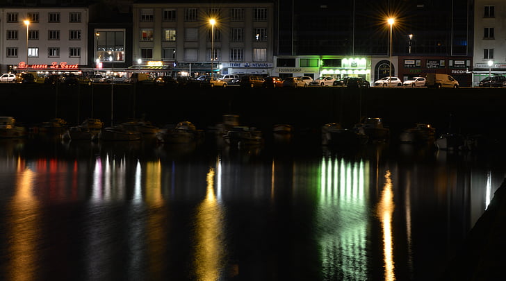 luces, Puerto, reflexión, noche, letreros luminosos, Brest, Finisterre