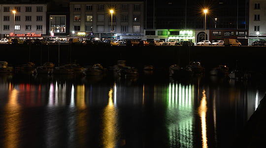 llums, Portuària, reflexió, nit, rètols lluminosos, Brest, Finisterre