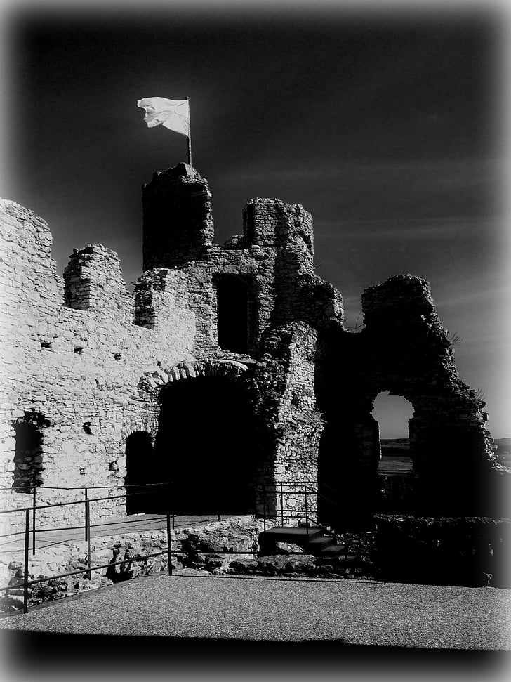Огродзенец, Польша, Замок, Памятник, руины, стены, черный и белый