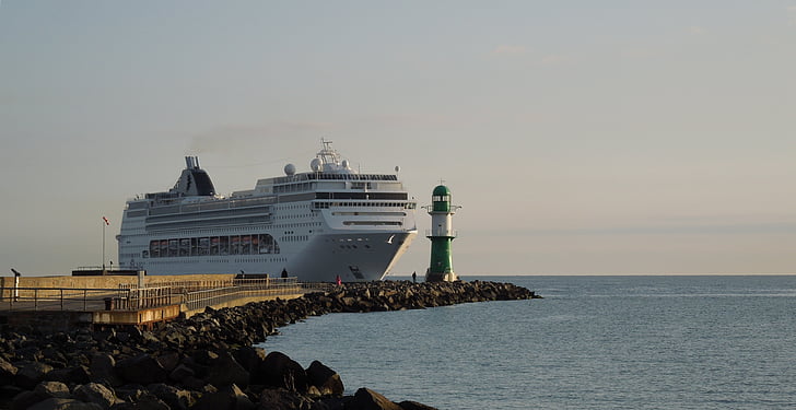 cruise ship, warnemünde, mole, lighthouse, ship travel, ship, passenger ship
