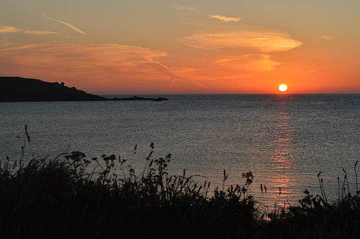 coucher de soleil, Porthmeor, St ives, Cornwall, rouge, plage, Ives