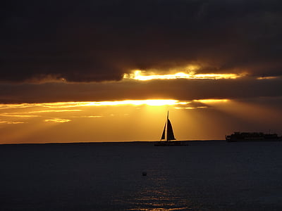 segelbåt, segling, båt, solnedgång, siluett, vatten, havet