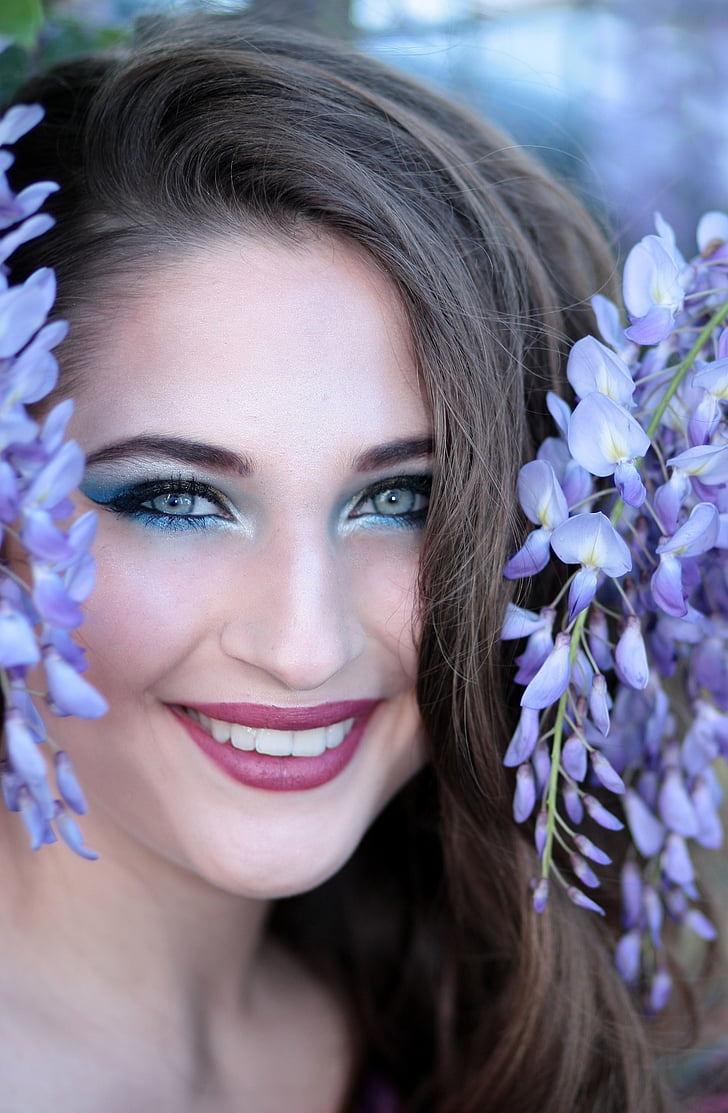 girl, flowers, violet, blue eyes, smile, beauty, portrait