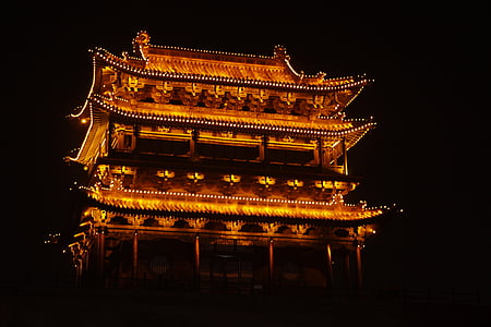 tempelet, natt, gammelt byhus, pingyao, Pagoda, Kina, arkitektur