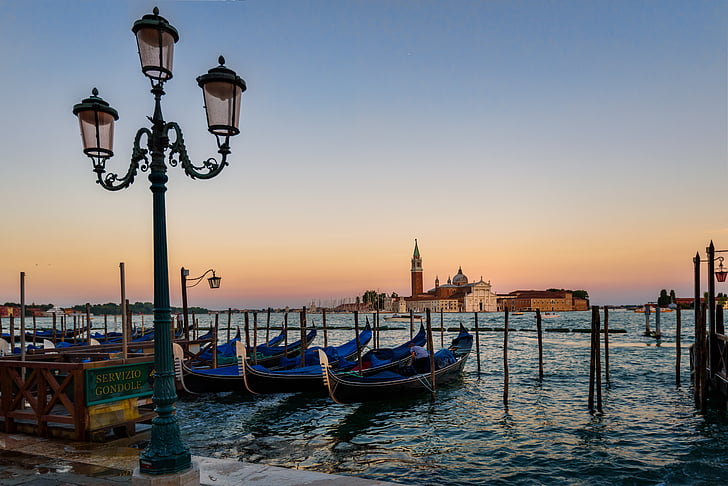 Veneza, gôndola, pôr do sol, Italiano, barco, veneziano, Turismo